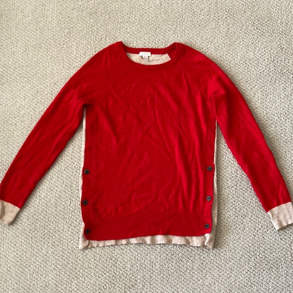 J. Crew Colorblock Pullover Wool Sweater Patchwork Button Details Red Tan XS